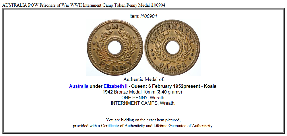 AUSTRALIA POW Prisoners of War WWII Internment Camp Token Penny Medal i100904