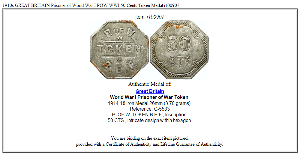 1910s GREAT BRITAIN Prisoner of World War I POW WWI 50 Cents Token Medal i100907