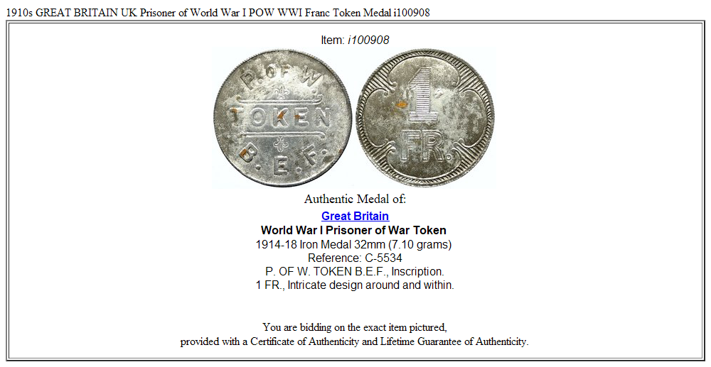 1910s GREAT BRITAIN UK Prisoner of World War I POW WWI Franc Token Medal i100908