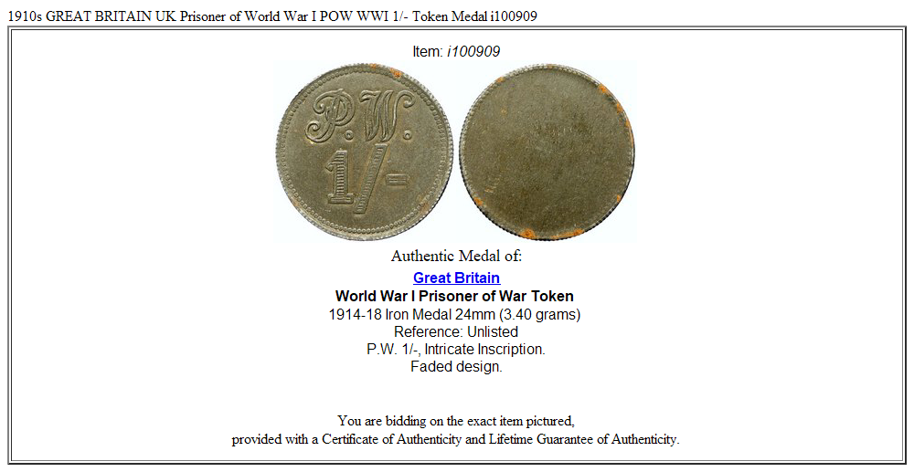 1910s GREAT BRITAIN UK Prisoner of World War I POW WWI 1/- Token Medal i100909