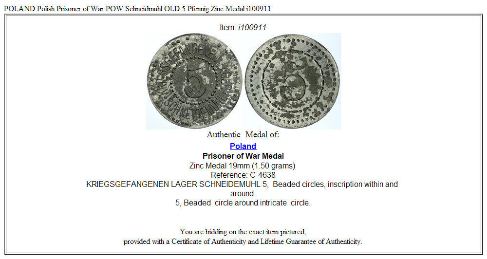 POLAND Polish Prisoner of War POW Schneidmuhl OLD 5 Pfennig Zinc Medal i100911