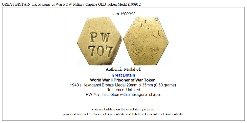 GREAT BRITAIN UK Prisoner of War POW Military Captive OLD Token Medal i100912