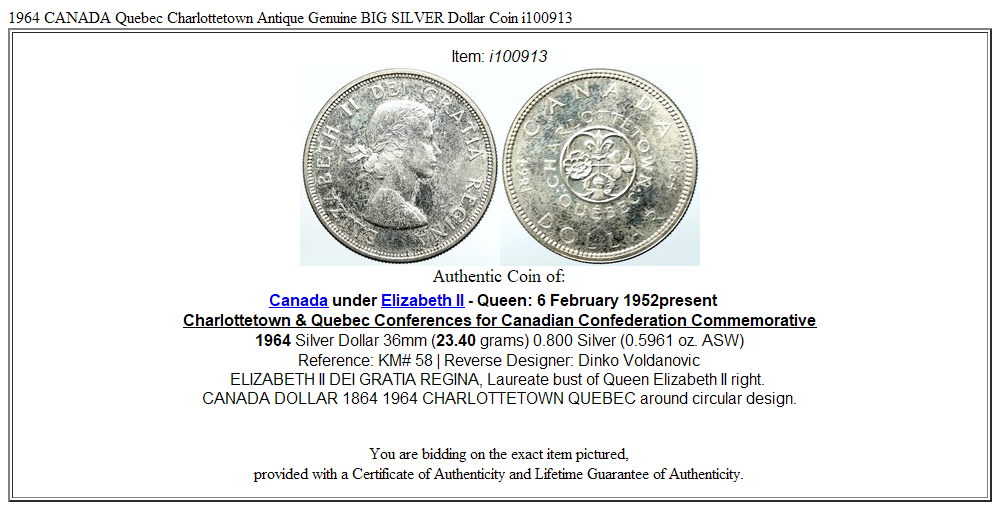 1964 CANADA Quebec Charlottetown Antique Genuine BIG SILVER Dollar Coin i100913