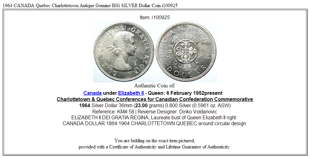 1964 CANADA Quebec Charlottetown Antique Genuine BIG SILVER Dollar Coin i100925