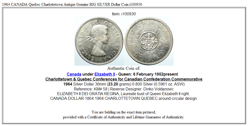 1964 CANADA Quebec Charlottetown Antique Genuine BIG SILVER Dollar Coin i100930