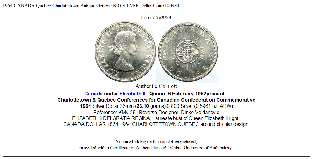 1964 CANADA Quebec Charlottetown Antique Genuine BIG SILVER Dollar Coin i100934