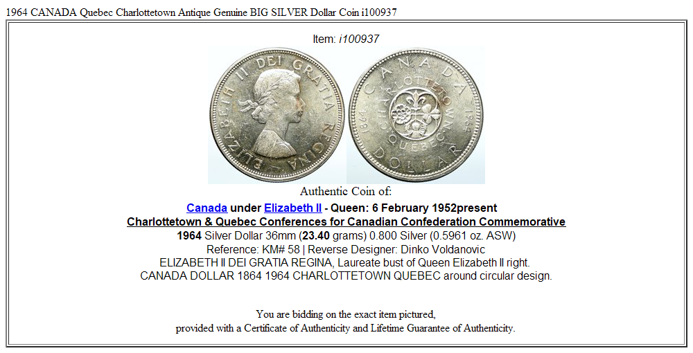 1964 CANADA Quebec Charlottetown Antique Genuine BIG SILVER Dollar Coin i100937