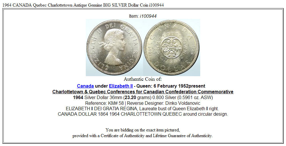 1964 CANADA Quebec Charlottetown Antique Genuine BIG SILVER Dollar Coin i100944