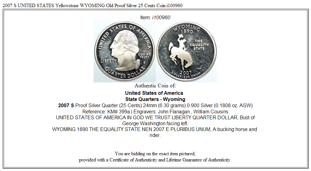 2007 S UNITED STATES Yellowstone WYOMING Old Proof Silver 25 Cents Coin i100960