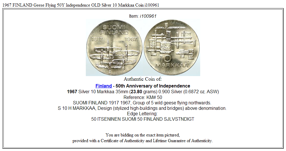 1967 FINLAND Geese Flying 50Y Independence OLD Silver 10 Markkaa Coin i100961