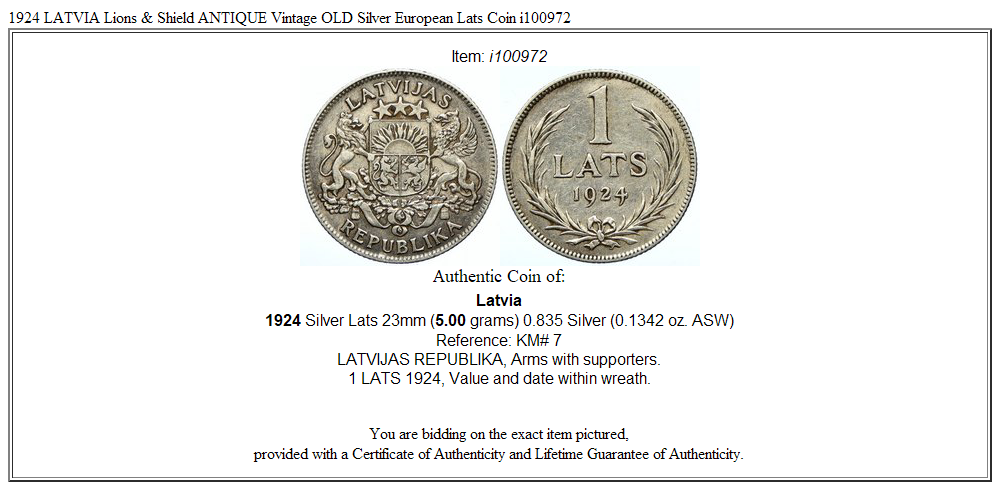 1924 LATVIA Lions & Shield ANTIQUE Vintage OLD Silver European Lats Coin i100972