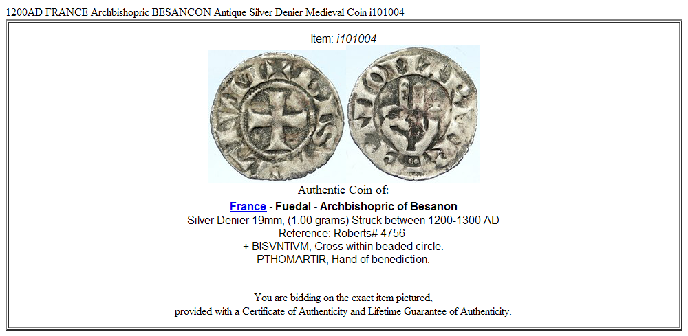 1200AD FRANCE Archbishopric BESANCON Antique Silver Denier Medieval Coin i101004