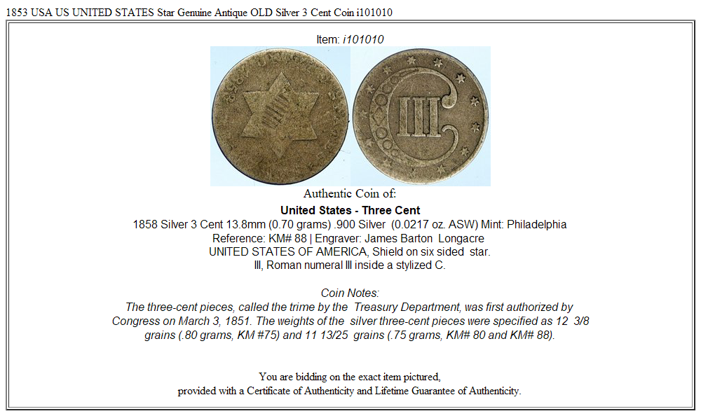 1853 USA US UNITED STATES Star Genuine Antique OLD Silver 3 Cent Coin i101010