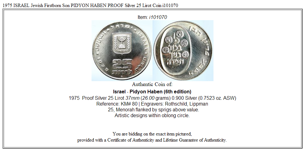 1975 ISRAEL Jewish Firstborn Son PIDYON HABEN PROOF Silver 25 Lirot Coin i101070