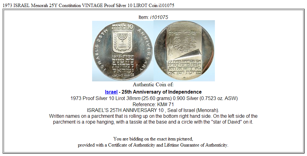 1973 ISRAEL Menorah 25Y Constitution VINTAGE Proof Silver 10 LIROT Coin i101075