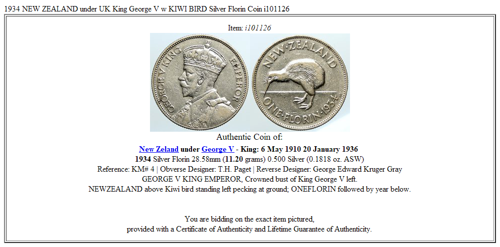 1934 NEW ZEALAND under UK King George V w KIWI BIRD Silver Florin Coin i101126