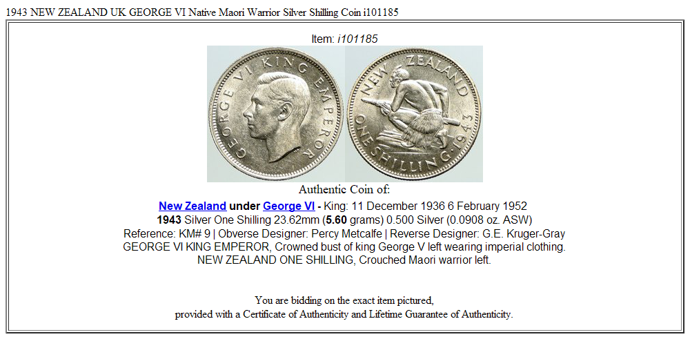 1943 NEW ZEALAND UK GEORGE VI Native Maori Warrior Silver Shilling Coin i101185