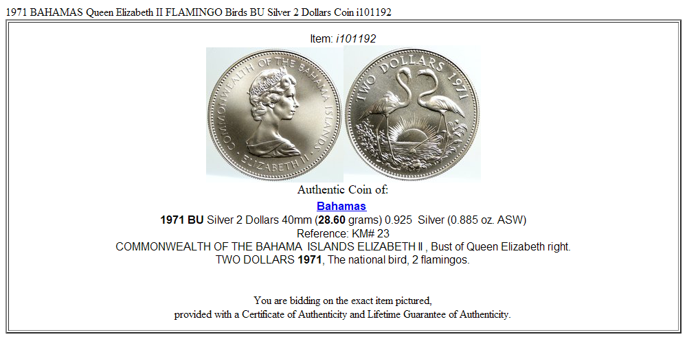 1971 BAHAMAS Queen Elizabeth II FLAMINGO Birds BU Silver 2 Dollars Coin i101192