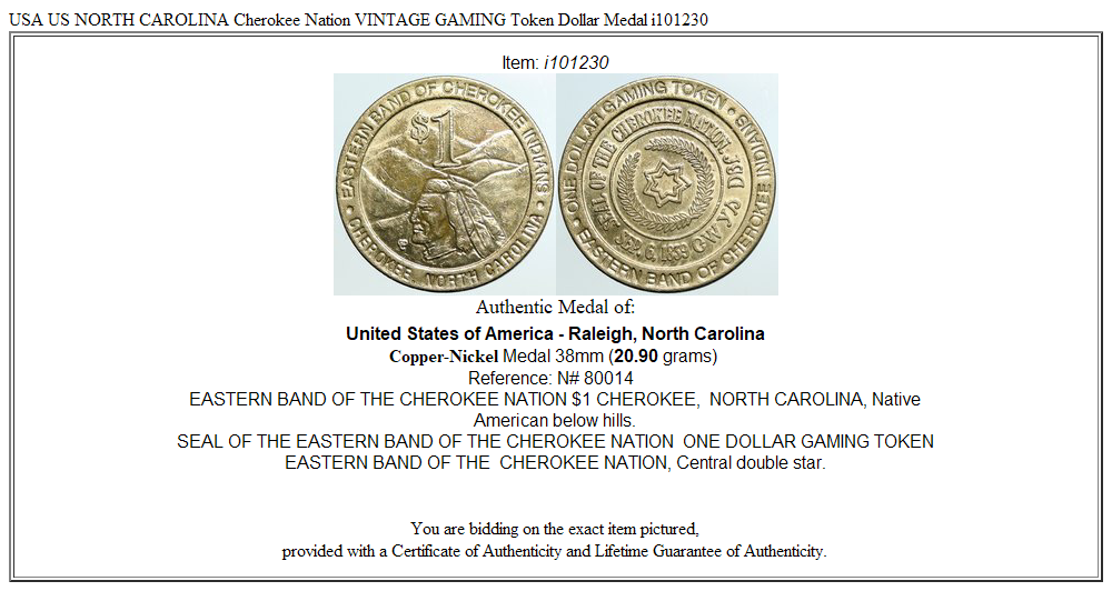 USA US NORTH CAROLINA Cherokee Nation VINTAGE GAMING Token Dollar Medal i101230