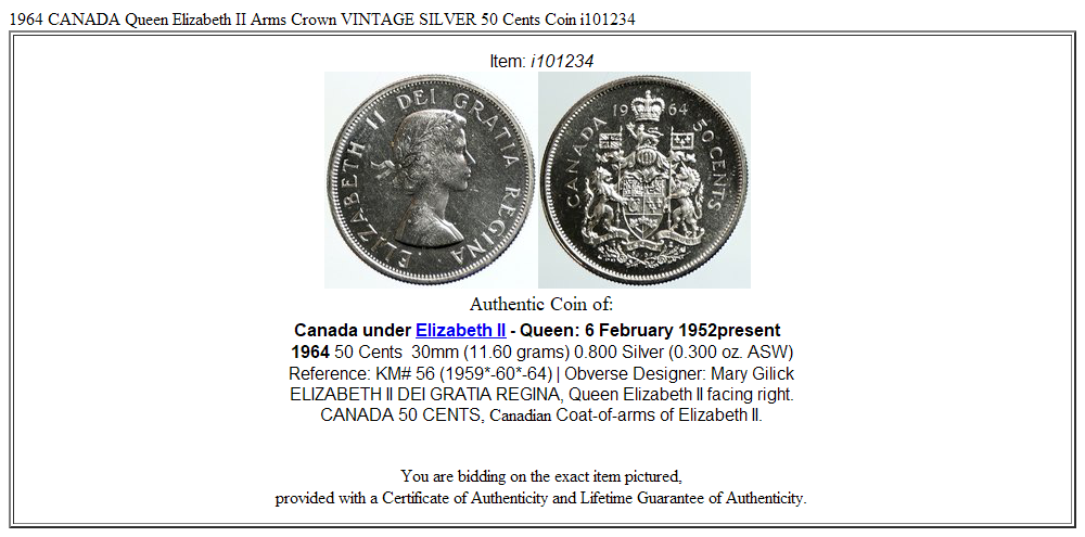 1964 CANADA Queen Elizabeth II Arms Crown VINTAGE SILVER 50 Cents Coin i101234