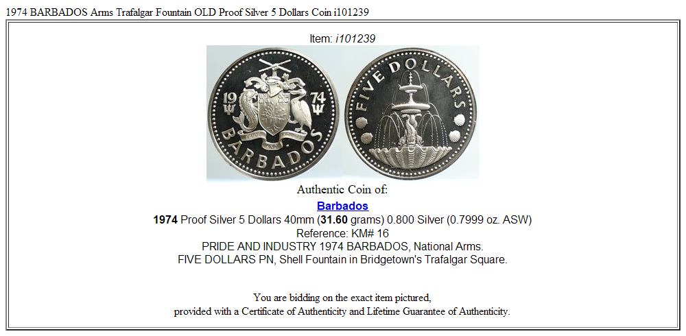 1974 BARBADOS Arms Trafalgar Fountain OLD Proof Silver 5 Dollars Coin i101239