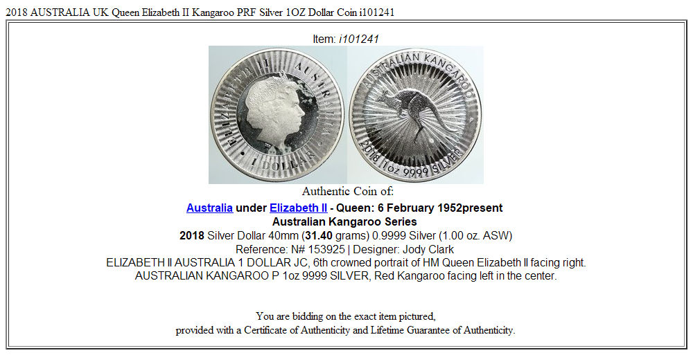 2018 AUSTRALIA UK Queen Elizabeth II Kangaroo PRF Silver 1OZ Dollar Coin i101241