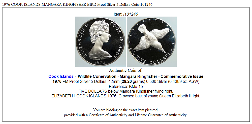 1976 COOK ISLANDS MANGARA KINGFISHER BIRD Proof Silver 5 Dollars Coin i101246