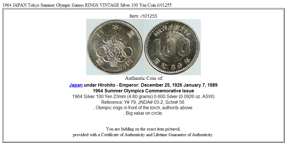 1964 JAPAN Tokyo Summer Olympic Games RINGS VINTAGE Silver 100 Yen Coin i101255