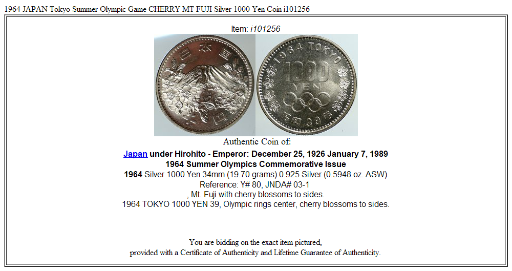 1964 JAPAN Tokyo Summer Olympic Game CHERRY MT FUJI Silver 1000 Yen Coin i101256