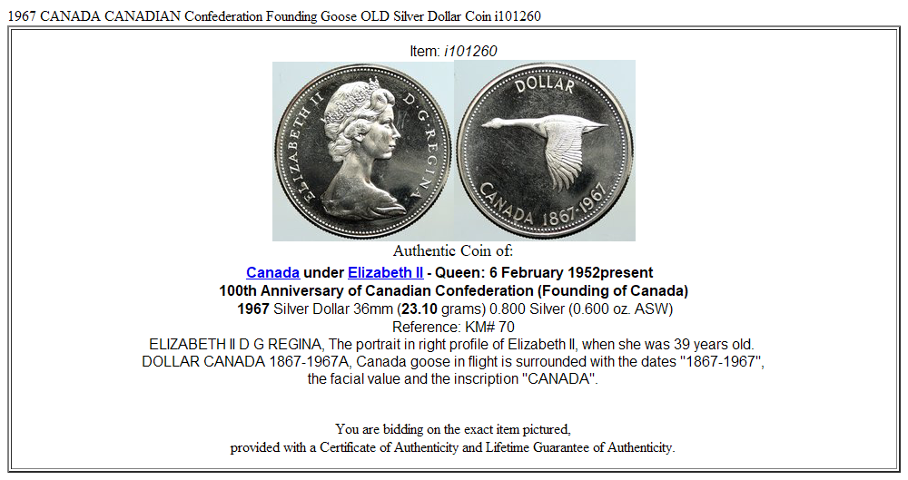 1967 CANADA CANADIAN Confederation Founding Goose OLD Silver Dollar Coin i101260