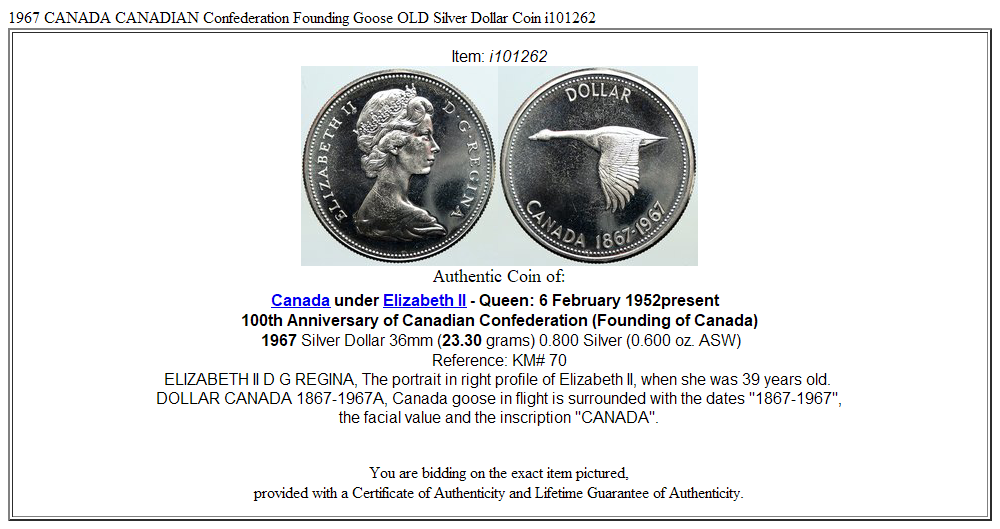 1967 CANADA CANADIAN Confederation Founding Goose OLD Silver Dollar Coin i101262