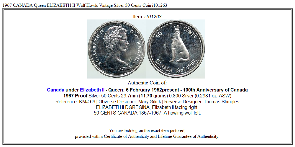 1967 CANADA Queen ELIZABETH II Wolf Howls Vintage Silver 50 Cents Coin i101263