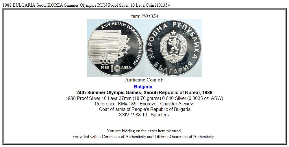 1988 BULGARIA Seoul KOREA Summer Olympics RUN Proof Silver 10 Leva Coin i101354