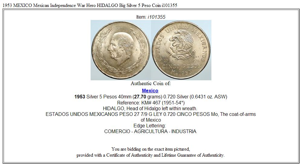 1953 MEXICO Mexican Independence War Hero HIDALGO Big Silver 5 Peso Coin i101355