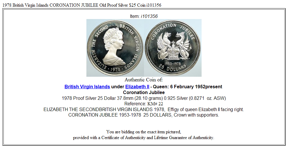 1978 British Virgin Islands CORONATION JUBILEE Old Proof Silver $25 Coin i101356