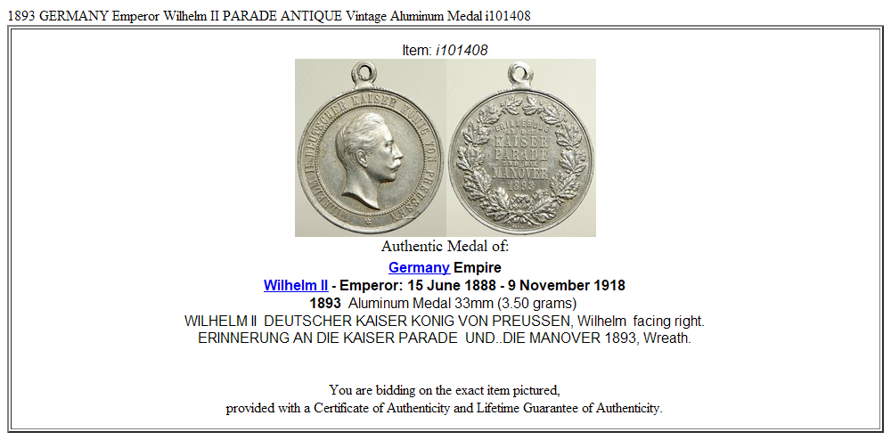 1893 GERMANY Emperor Wilhelm II PARADE ANTIQUE Vintage Aluminum Medal i101408