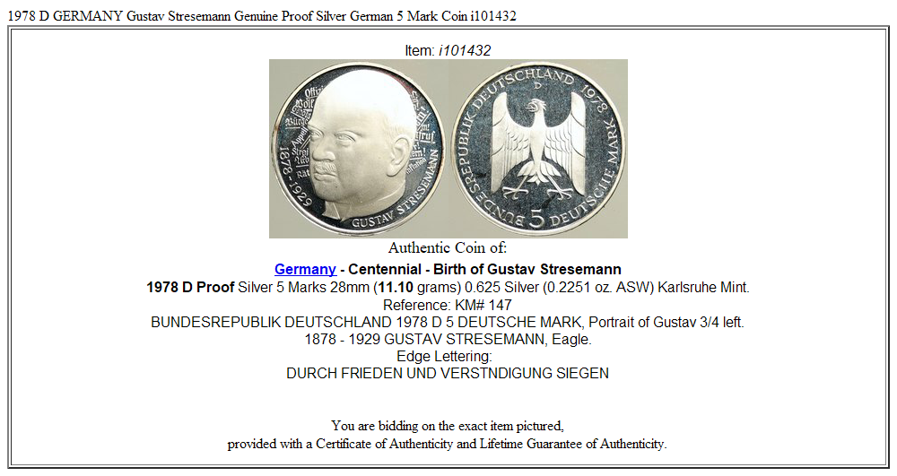 1978 D GERMANY Gustav Stresemann Genuine Proof Silver German 5 Mark Coin i101432