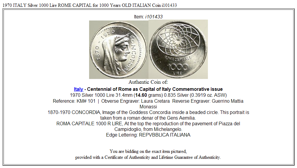 1970 ITALY Silver 1000 Lire ROME CAPITAL for 1000 Years OLD ITALIAN Coin i101433