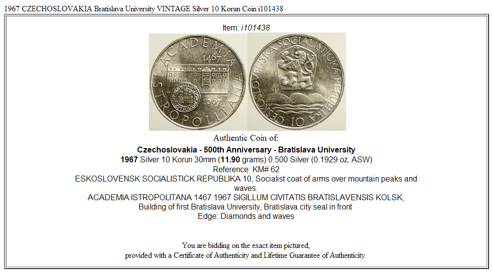 1967 CZECHOSLOVAKIA Bratislava University VINTAGE Silver 10 Korun Coin i101438