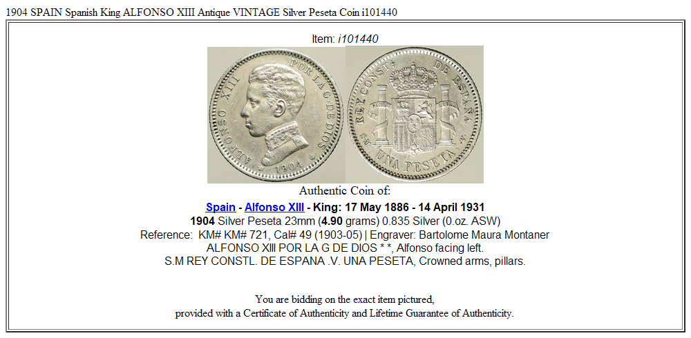 1904 SPAIN Spanish King ALFONSO XIII Antique VINTAGE Silver Peseta Coin i101440