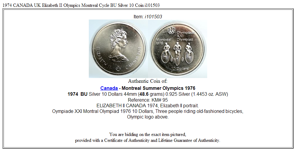 1974 CANADA UK Elizabeth II Olympics Montreal Cycle BU Silver 10 Coin i101503