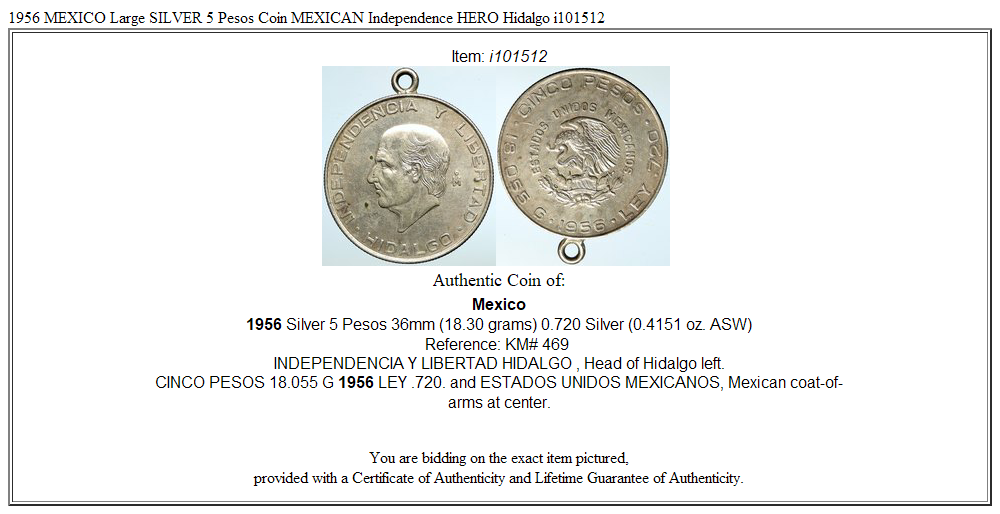 1956 MEXICO Large SILVER 5 Pesos Coin MEXICAN Independence HERO Hidalgo i101512