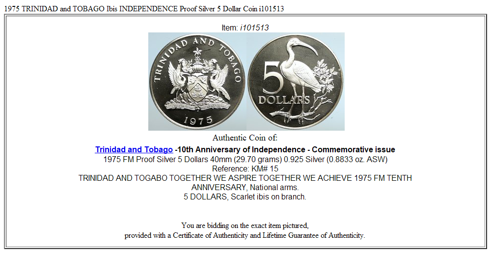 1975 TRINIDAD and TOBAGO Ibis INDEPENDENCE Proof Silver 5 Dollar Coin i101513