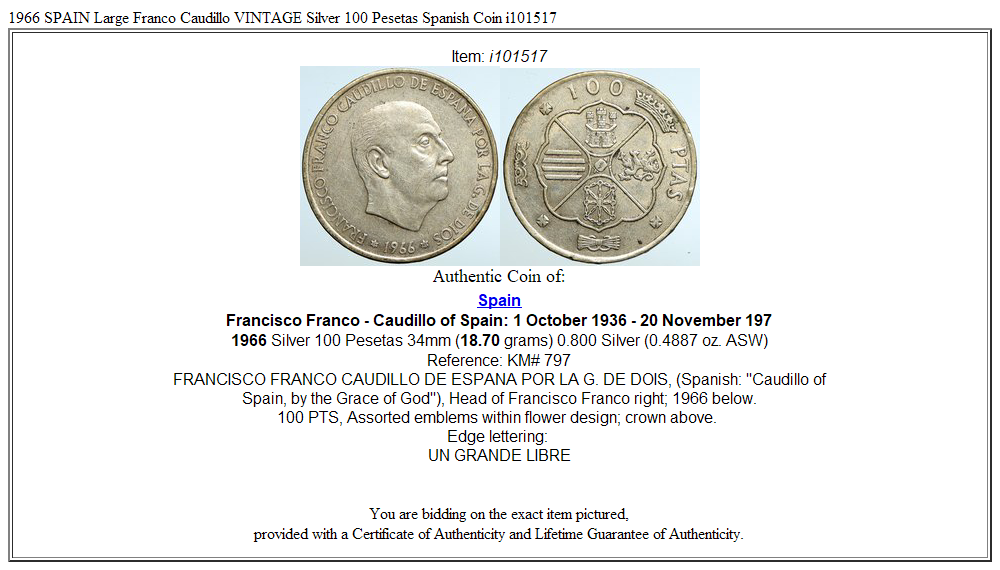 1966 SPAIN Large Franco Caudillo VINTAGE Silver 100 Pesetas Spanish Coin i101517