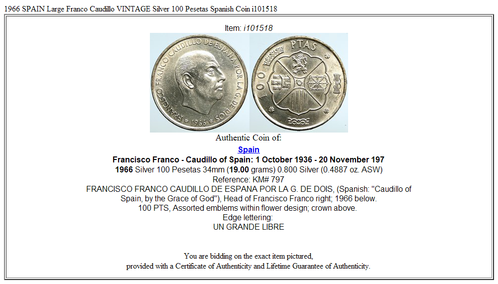 1966 SPAIN Large Franco Caudillo VINTAGE Silver 100 Pesetas Spanish Coin i101518