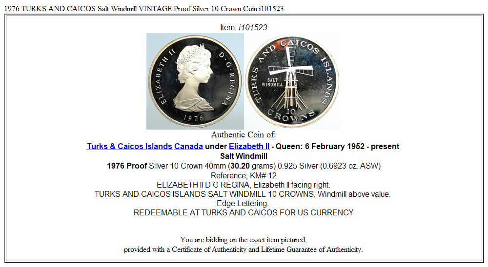 1976 TURKS AND CAICOS Salt Windmill VINTAGE Proof Silver 10 Crown Coin i101523