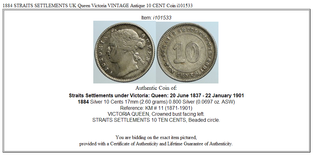 1884 STRAITS SETTLEMENTS UK Queen Victoria VINTAGE Antique 10 CENT Coin i101533