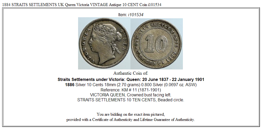 1884 STRAITS SETTLEMENTS UK Queen Victoria VINTAGE Antique 10 CENT Coin i101534