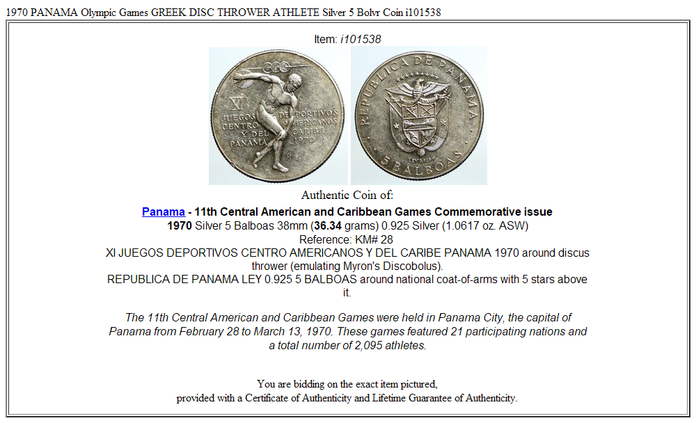 1970 PANAMA Olympic Games GREEK DISC THROWER ATHLETE Silver 5 Bolvr Coin i101538