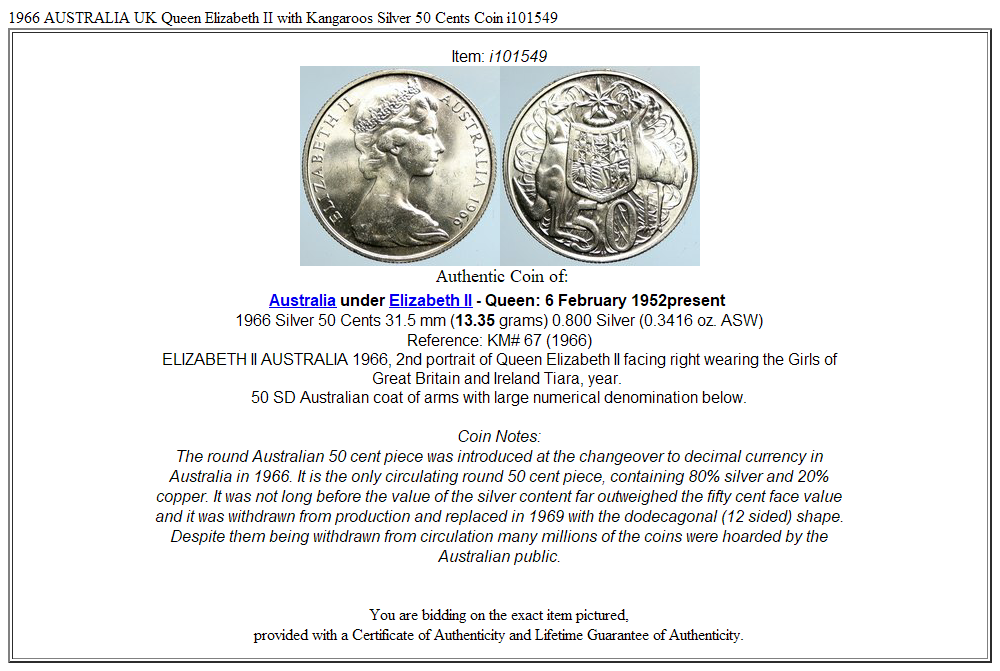 1966 AUSTRALIA UK Queen Elizabeth II with Kangaroos Silver 50 Cents Coin i101549